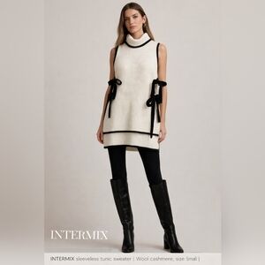 INTERMIX Wool Cashmere Sleeveless Turtleneck Tunic Sweater Cream Black Trim S